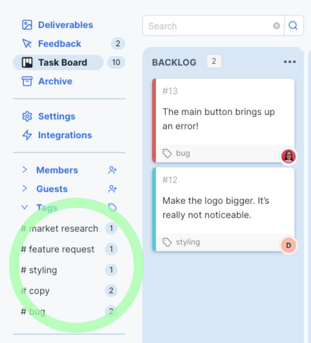 BugHerd in-built task board